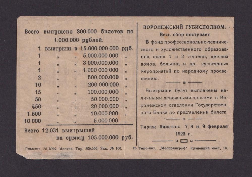 Лотерея 1922г Губисполком Воронеж 1000000 рублей (301409)