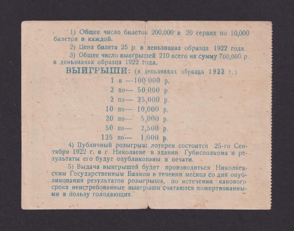 Лотерея 1922г Николаевский ГубКомПомГол на Нужды Голодающих 25 рублей (03573) не частая