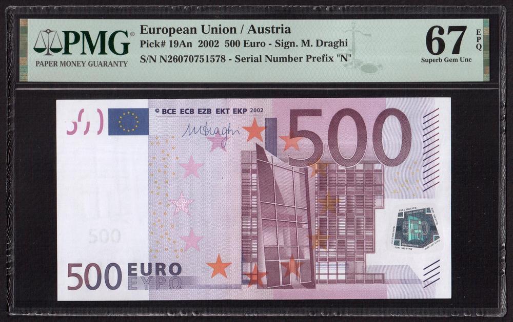 Европа. Австрия 2002г 500 евро (Pick 19An) UNC слаб PMG-67 EPQ (N..1578)