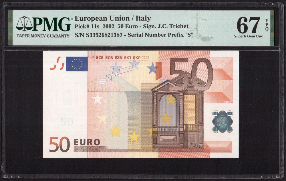 Европа. Италия 2002г 50 евро (Pick.11s) UNC слаб PMG-67 EPQ (S...1387)