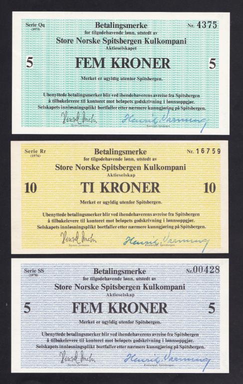 Шпицберген &quot;Store Norske&quot; 1973г, 1978г 5 крон и 10 крон 1976г комплект UNC