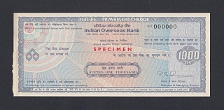 Индия. Дорожный чек Indian Overseas Bank 1000 рупий с в/з ОБРАЗЕЦ красный UNC- Вар.2