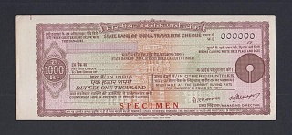 Индия. Дорожный чек State Bank of India (Calcutta) 1000 рупий с водяными знаками ОБРАЗЕЦ UNC-