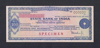 Индия. Дорожный чек State Bank of India (Calcutta) 100 рупий с в/з  ОБРАЗЕЦ UNC Вар.2 (YF)