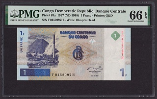 Конго 1997 1 франк UNC (Pick 85a) PMG-66 EPQ (2097)