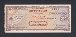 Индия. Дорожный чек Indian Overseas Bank 500 рупий с в/з ОБРАЗЕЦ UNC- Вар.2