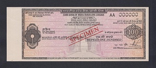 Индия. Дорожный чек State Bank of India, Bombay 100 рупий с в/з для иностраных валют ОБРАЗЕЦ UNC (AA