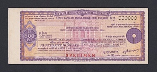 Индия. Дорожный чек State Bank of India (Calcutta) 500 рупий с водяными знаками ОБРАЗЕЦ UNC