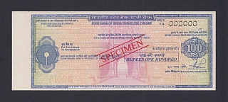 Индия. Дорожный чек State Bank of India, Bombay 100 рупий с в/з ОБРАЗЕЦ UNC (ya)