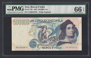 Италия 1997г 500000 лир UNC (pic.118) слаб PMG-66  (397)