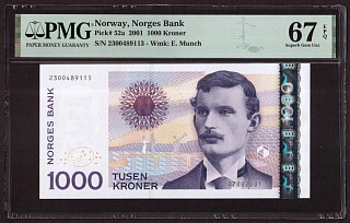 Норвегия 2001г 1000 крон UNC (Pick 52a) слаб PMG-67 EPQ (9113)