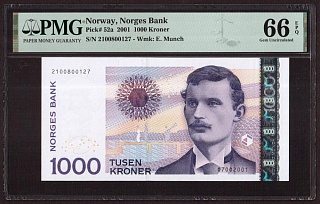 Норвегия 2001г 1000 крон UNC (Pick 52a) слаб PMG-66 EPQ (0127)